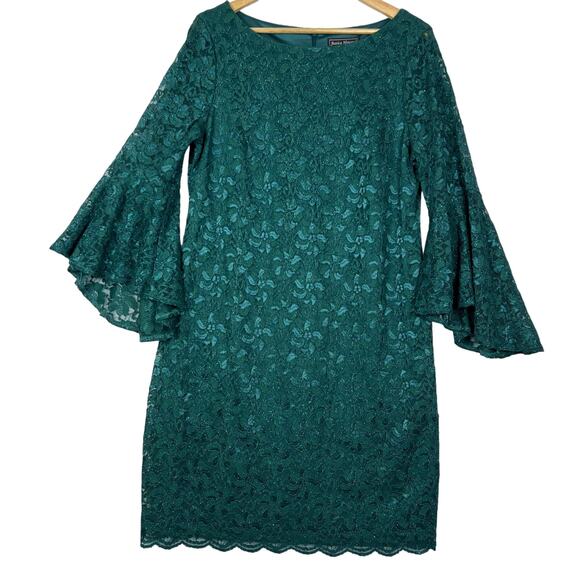 NEW Jessica Howard Dramatic Bell-Sleeve Glitter Hunter Green Lace Dress 16 - Picture 4 of 16